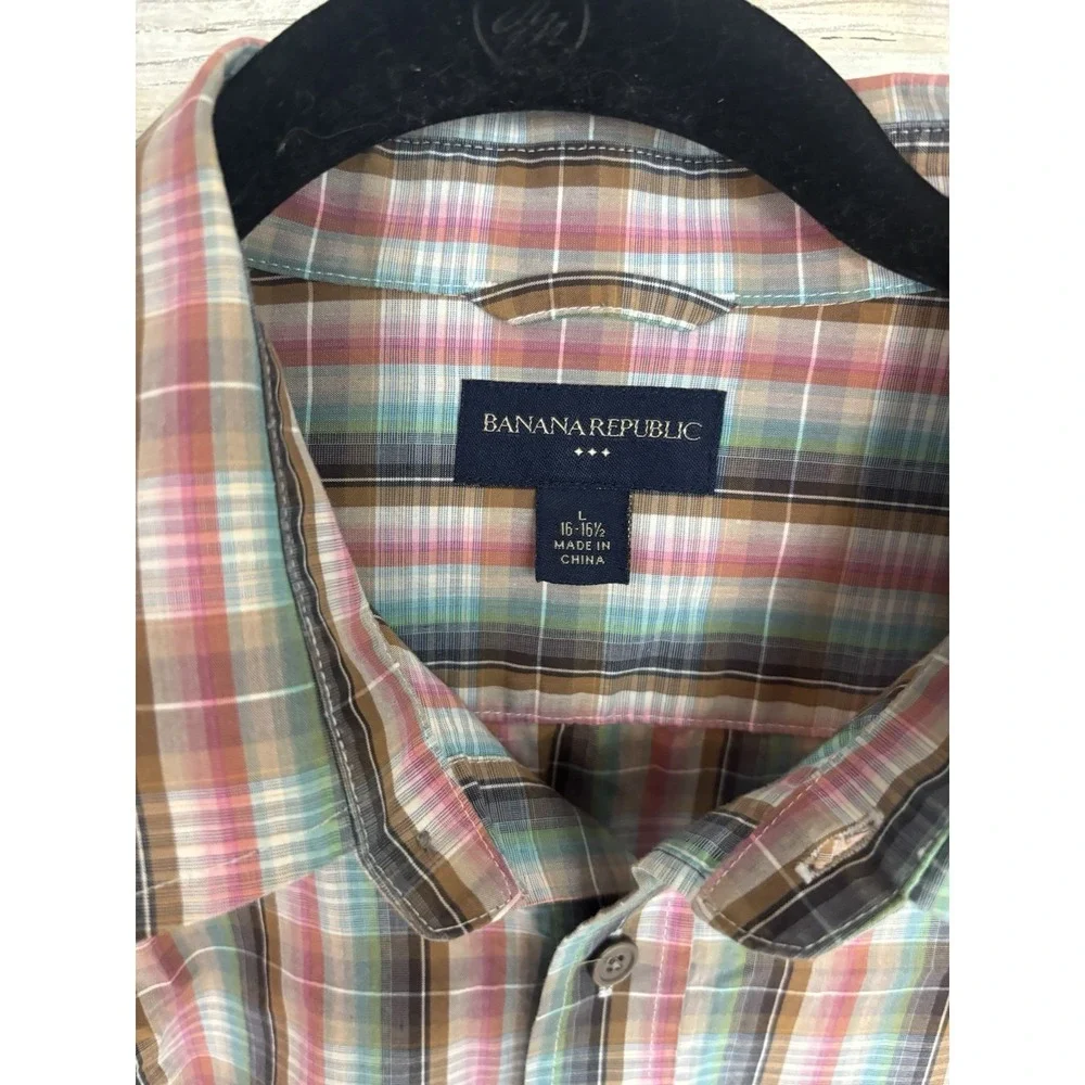 Banana Republic Men's L Standard Fit Plaid Button-Up Shirt Brown Pink L/S